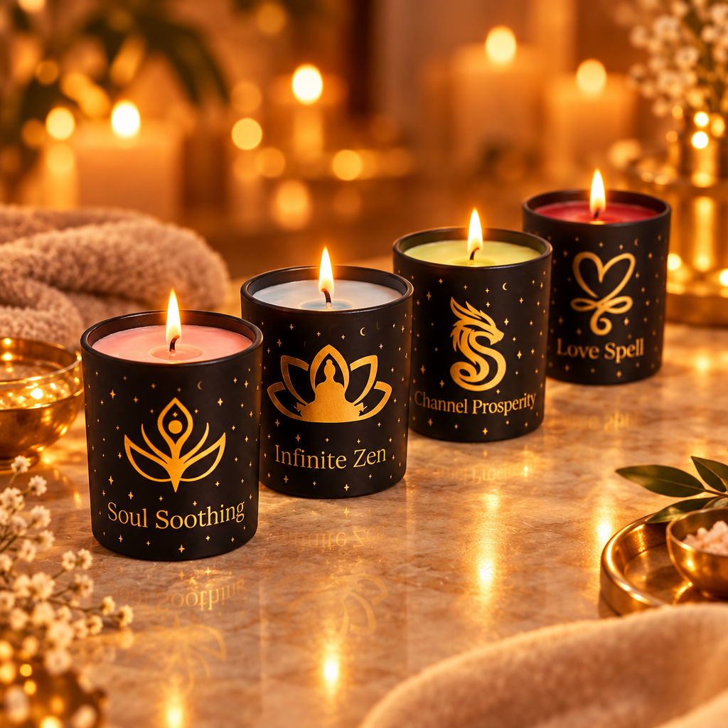 Four lit Aromatherapy Intention Candles in black jars with gold icons; Soul soothing, Infinite Zen, Channel Prosperity, and Love Spell, on a softly blurred background.