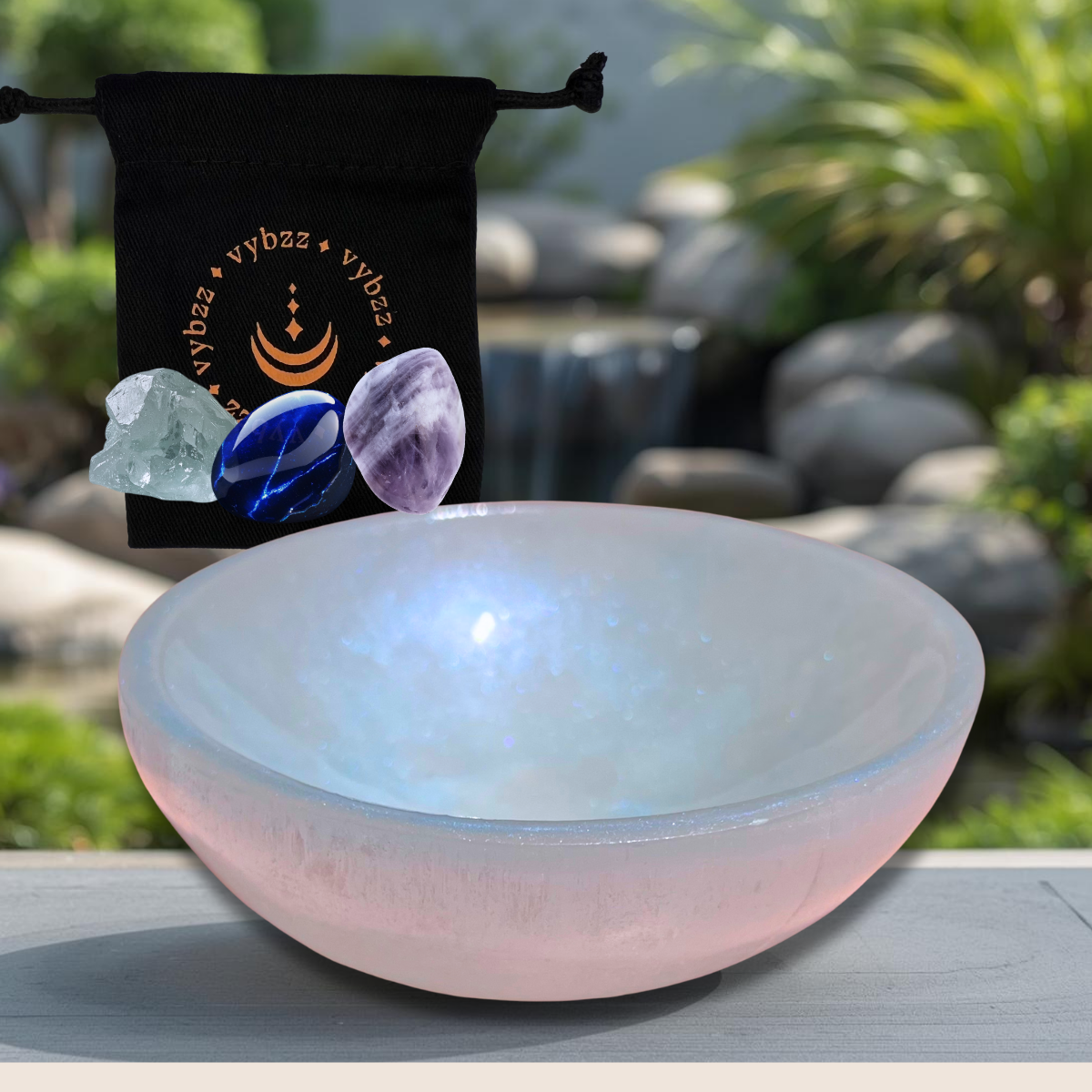 Selenite crystal bowl with banded amethyst, blue quartz and celestite crystals, outdoor zen setting