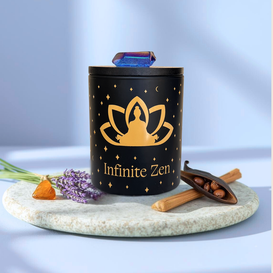 black branded Infinite Zen Intention candle, featuring a Blue aura crystal on the candle lid with lavender, vanilla, amber and sandalwood.