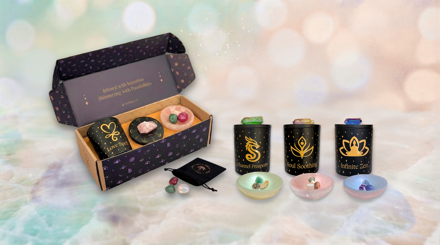 Open premium-size Manifestation Kit gift box featuring Love Spell Aromatherapy Intention Candle, crystal grid, and Selenite Bowl with crystals; other kits include Channel Prosperity, Soul Soothing, and Infinite Zen.