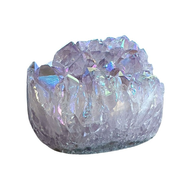 The side view of a thick, heart shaped, angel aura, light amethyst crystal with polished sides.