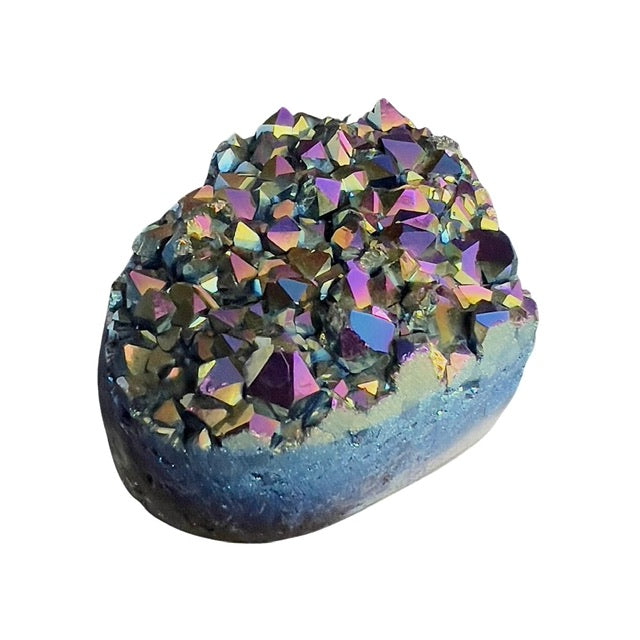 A stunning, rainbow aura amethyst crystal heart, from Uruguay. -Side view