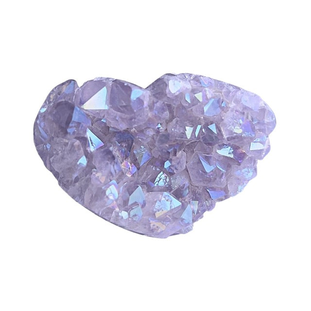 A shimmering  heart shaped, angel aura light amethyst crystal with polished sides, top view.