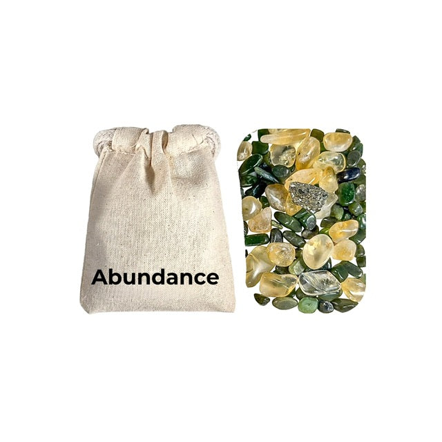 Abundance Pouch, featuring citrine, nephrite jade and pyrite crystals chips for abundance.