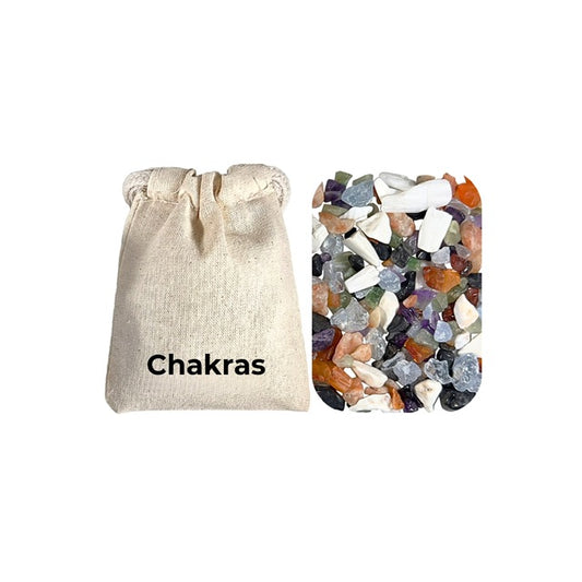 Chakra Pocket Pouch  featuring scolecite, amethyst, celestite, green aventurine, sunstone, carnelian, and black tourmaline crystals for balancing chakras.