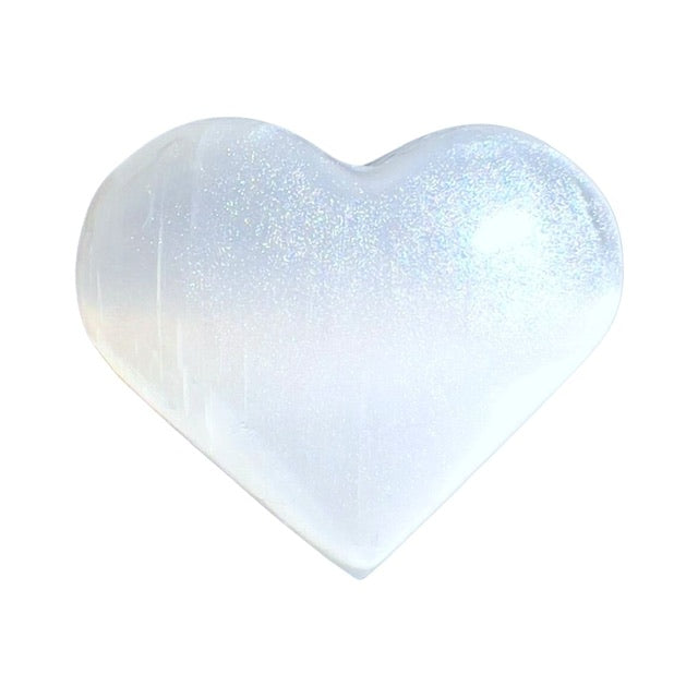 A shimmering selenite puffy crystal heart sporting a custom opalescent patina.