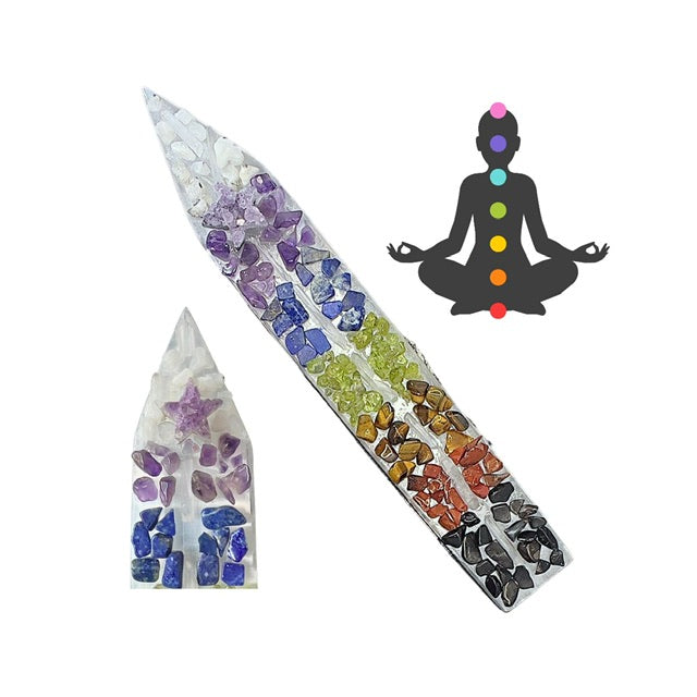 The Selenite Chakra Wand, a rectangular selenite charging plate with a custom opal finish. Adorned with crystal chips representing each chakra, and topped with an amethyst star.