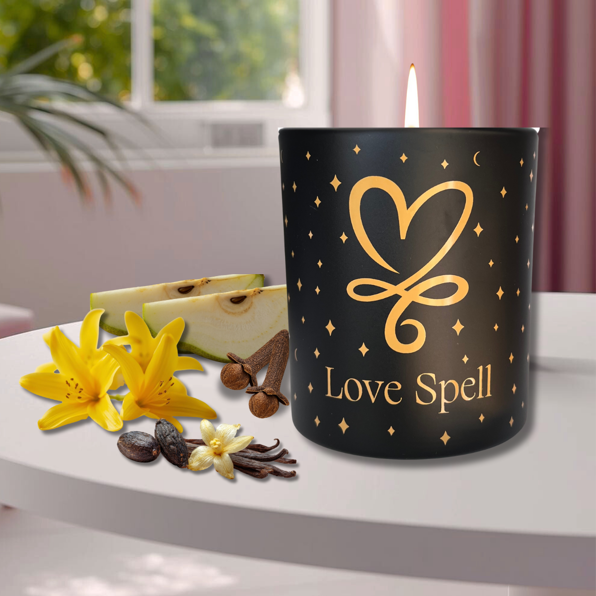 Love spell Intention Illuminating candle with heart symbol and pear slices, cloves, vanilla beans and ylang ylang flowers, representing fragrance notes.
