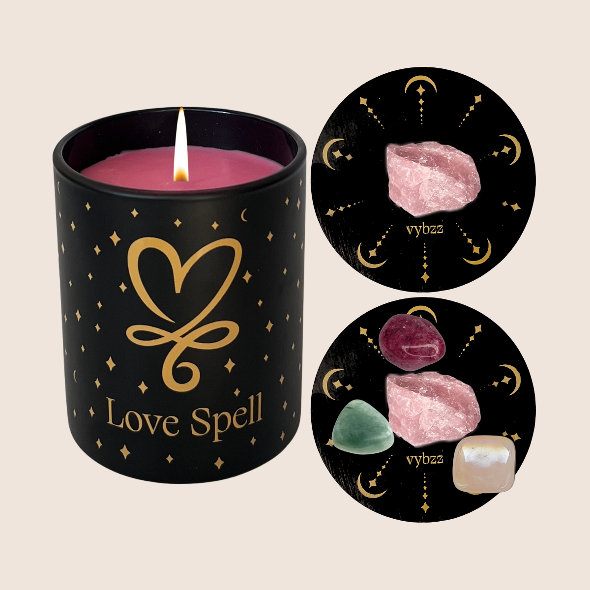 Lit Love Spell Candle, Top view of two lids with custom sacred grid pattern, rose quartz, ruby, aura quartz, and green aventurine crystals.