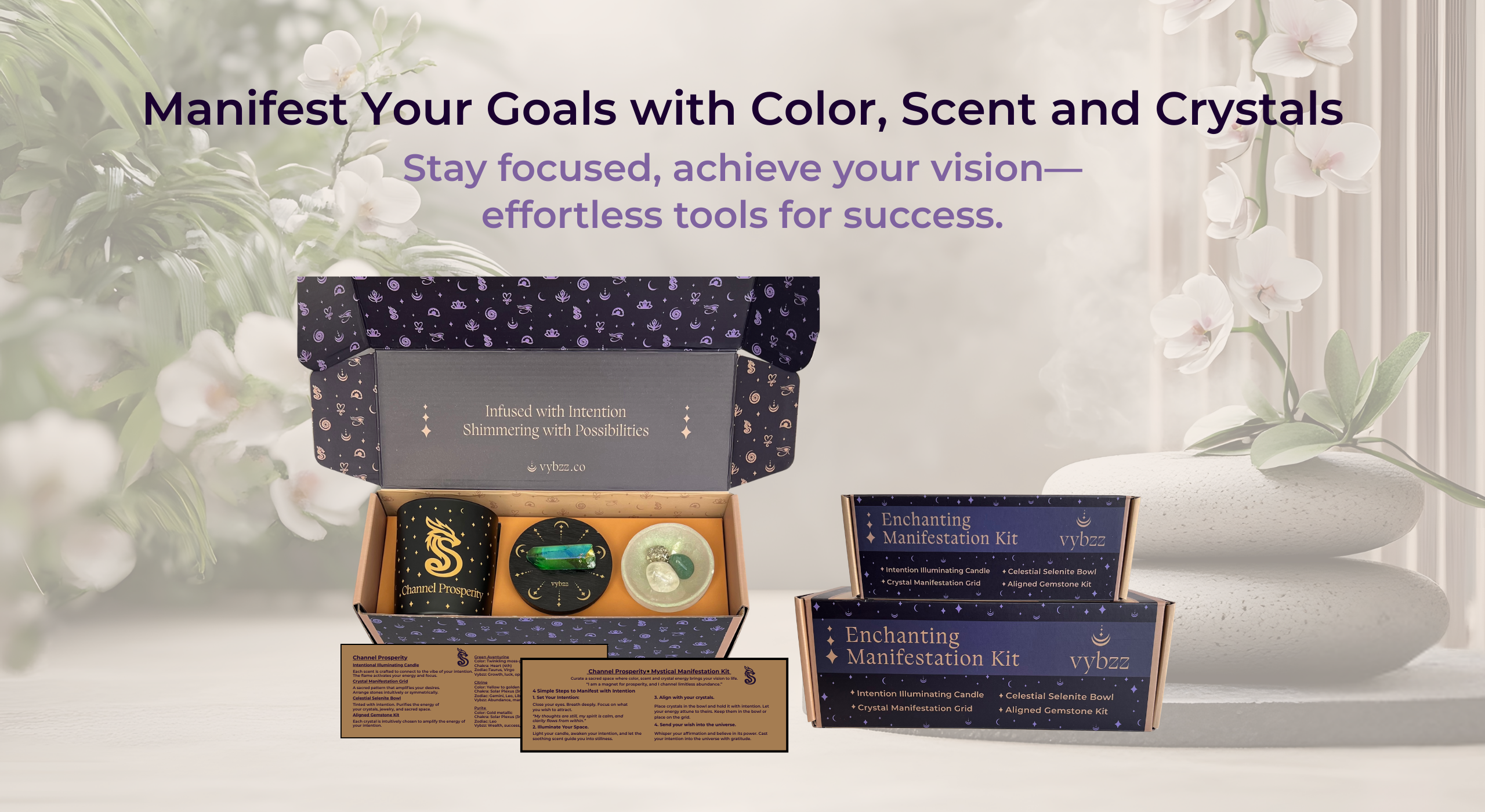 Text with manifesting goals, Prosperity Manifestation kit, packaged, soy aromatherapy candle, selenite crystal bowl. Available in 2 sizes.