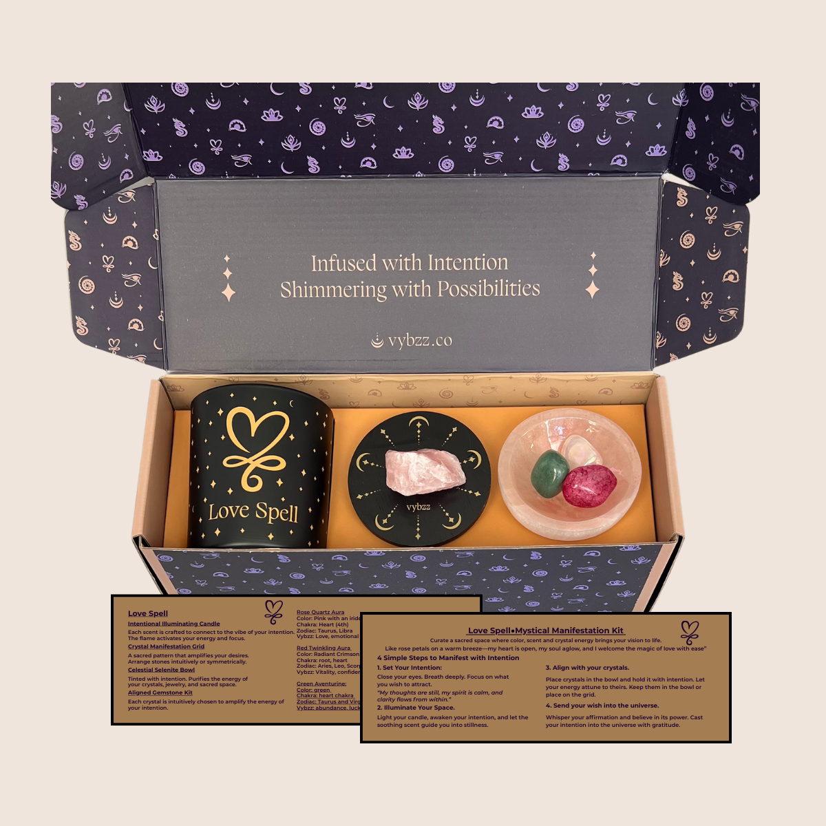 Love Spell Manifestation Kit, candle, lid with rose quartz grid, selenite bowl, crystals and product instruction cards.