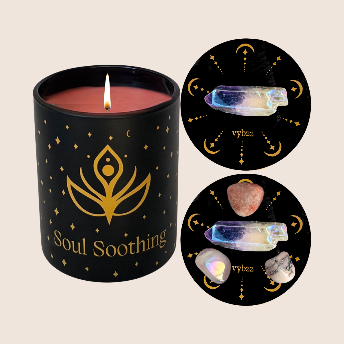 Aromatherapy Soul Soothing Candle with lavender crystal on a grid embossed lid and sunstone, angel aura, and tree agate crystal.