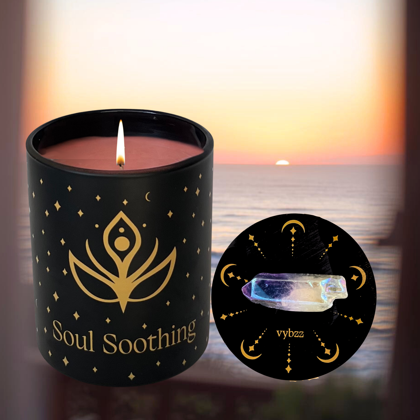 Soul Soothing Aromatherapy Candle with matching gold icon an jar and gold engraved crystal grid with lavender quartz focus stone.