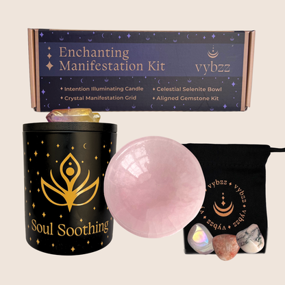 Manifestation kit with intention candle, selenite bowl, and healing crystals set.