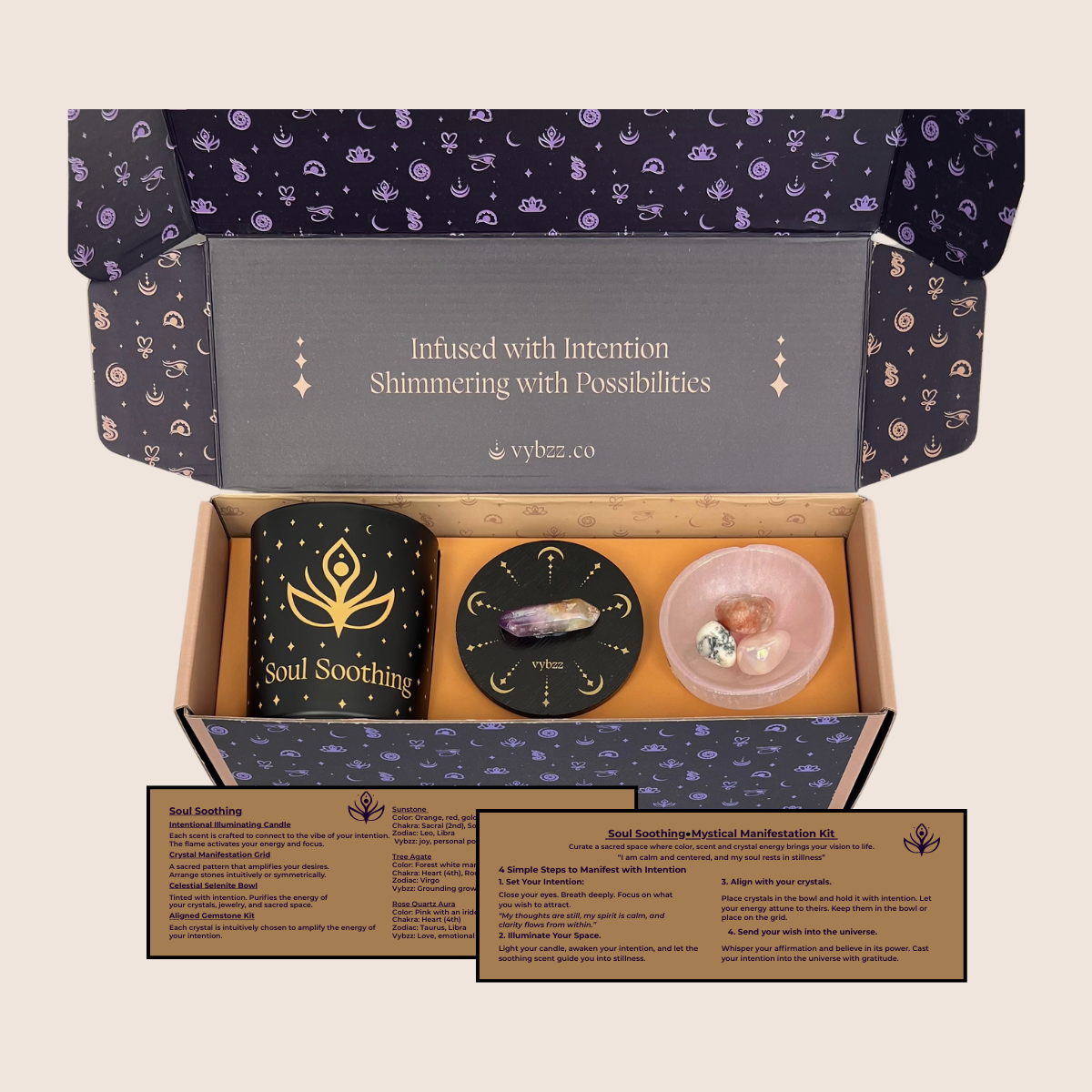 Soul Soothing Manifestation Kit, candle w gold icon, a lavender aura crystal on lid, tinted selenite bowl with crystals and instruction cards.