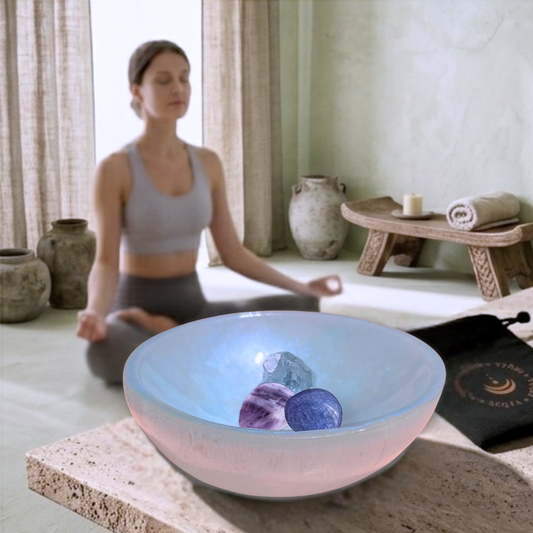 Woman meditating in a serene room with a blue tinted selenite crystal bowl with banded amethyst, celestite and blue quartz crystals.