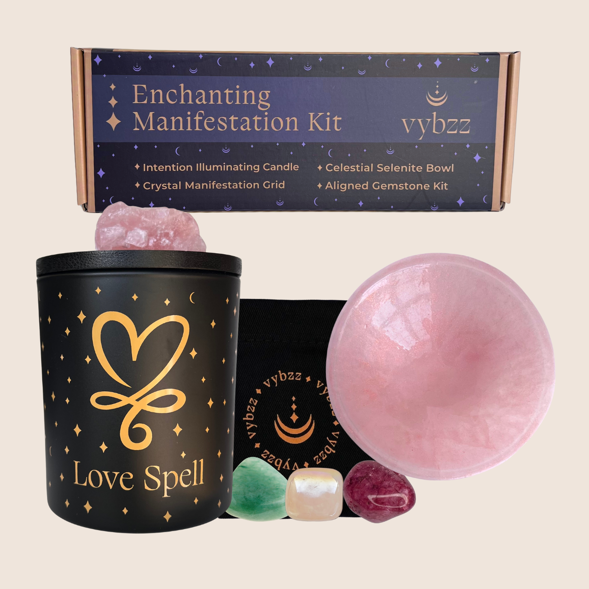 Vybzz, Love Spell Enchanting Manifestation Kit with candle  with heart ion, lid with rose quartz,  3 quartz crystals in carry pouch with blush selenite crystal bowl.