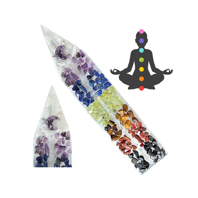 The Selenite Chakra Wand, a rectangular selenite charging plate with a custom opal finish. Adorned with crystal chips representing each chakra, this wand brings balance and harmony.