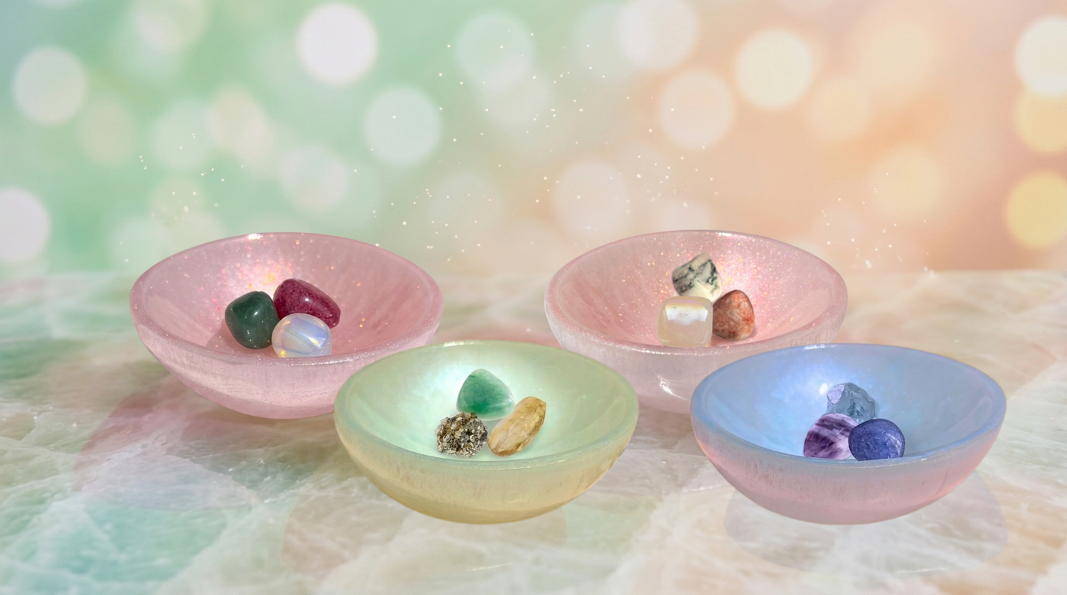 Four hand-tinted selenite bowls, each holding three curated crystals representing the Love Spell, Channel Prosperity, Soul Soothing, and Infinite Zen intentions.