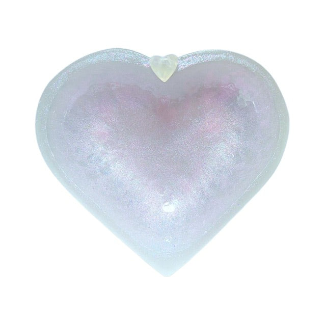 A one-of-a-kind selenite heart bowl with hand-painted opal blush shimmering patina and a petite rose quartz heart. 