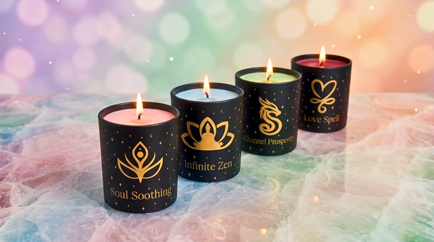 Four lit Aromatherapy Intention Candles in black jars with gold icons; Soul soothing, Infinite Zen, Channel Prosperity, and Love Spell, on a softly blurred background.