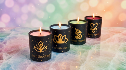 Four lit Aromatherapy Intention Candles in black jars with gold icons; Soul soothing, Infinite Zen, Channel Prosperity, and Love Spell, on a softly blurred background.