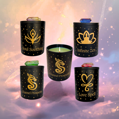 Aromatherapy Intention Candles topped with crystal grid. Channel Prosperity, Soul Soothing, Love Spell, and Infinite Zen