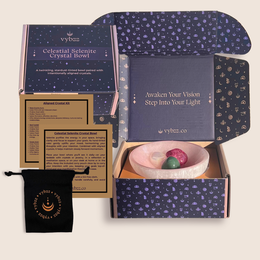 Vybzz Love Spell rose tinted Selenite Crystal Bowl,  crystals, carry pouch and instruction cards in gift box.