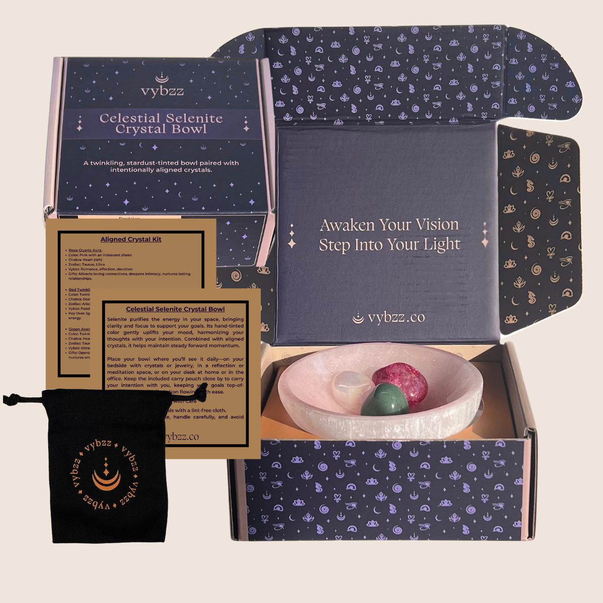 Vybzz Love Spell rose tin tented Selenite Crystal Bowl gift box with bowl and crystals carry pouch and instruction cards.