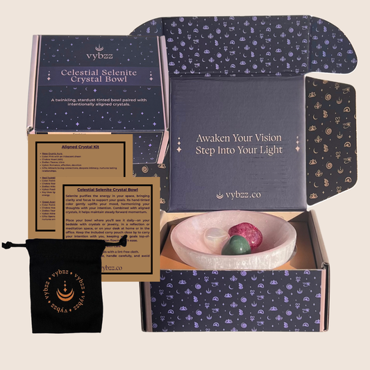 Vybzz Love Spell rose tin tented Selenite Crystal Bowl gift box with bowl and crystals carry pouch and instruction cards.