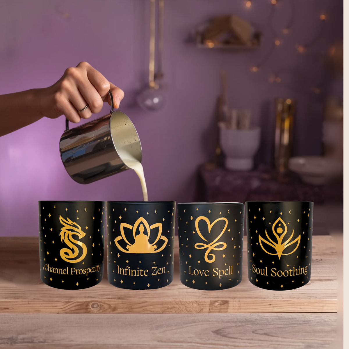 Hand pouring aromatherapy soy wax into  into Channel Prosperity, Infinite Zen, Love Spell, Soul Soothing jars in workshop.