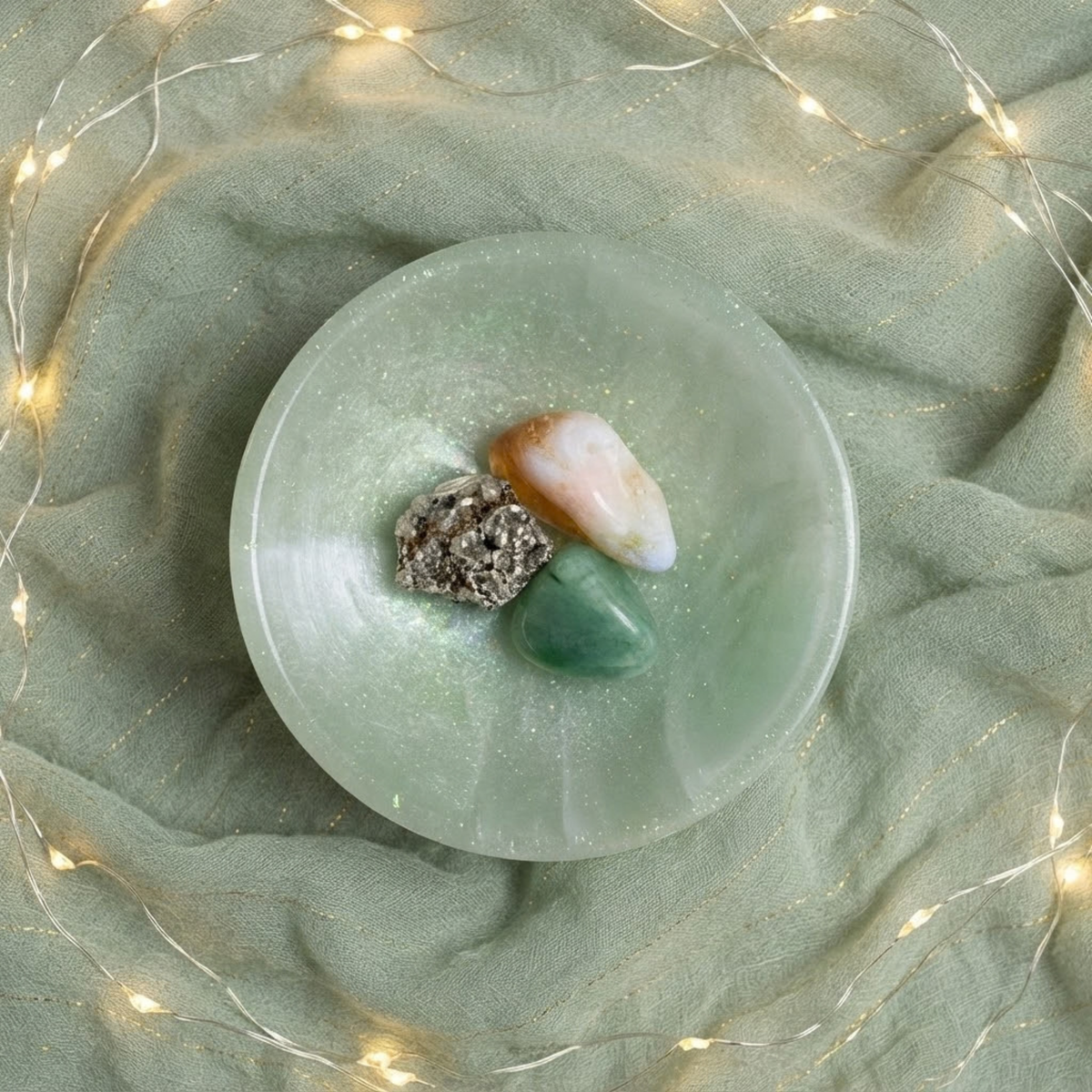 A round shimmering green selenite bowl, containing citrine, pyrite and green aventurine crystals,  placed on a draped sage green fabric with warm fairy lights around it.
