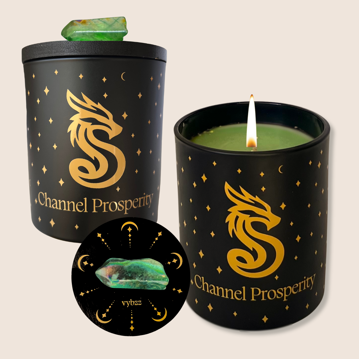 Channel Prosperity aromatherapy candle with dragon design and greens quartz crystal on lid. 