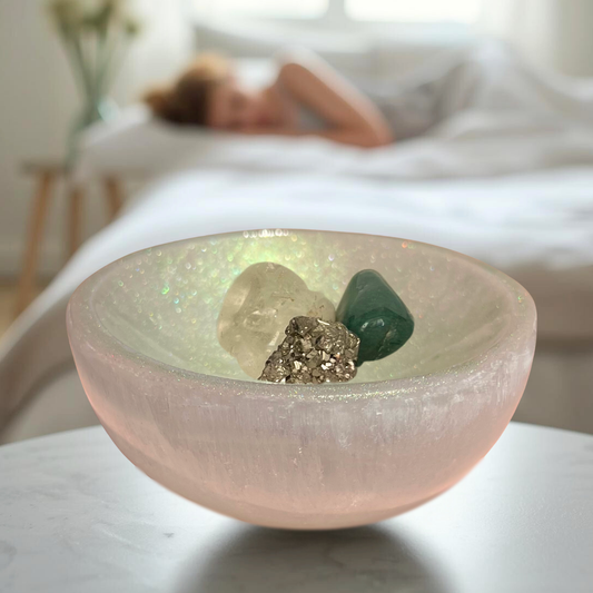 Selenite crystal bowl with pyrite, aventurine, and quartz stones on bedside table