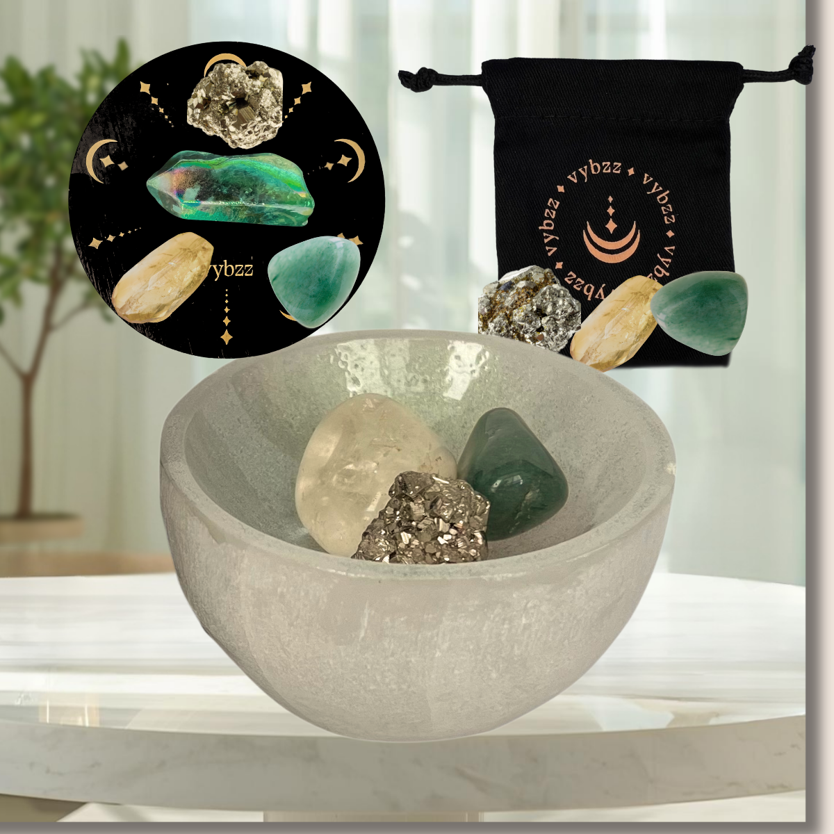 Channel prosperity emerald tinted selenite crystal bowl, pyrite, citrine and green aventurine crystals shown in bowl, with pouch and on candle grid lid.