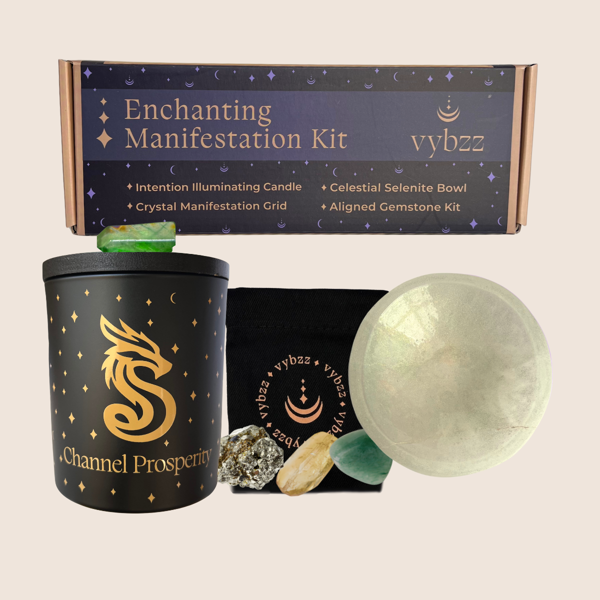 Channel Prosperity  Manifestation Kit, candle w gold icon, green quartz crystal, tinted selenite bowl with crystals and instruction cards.