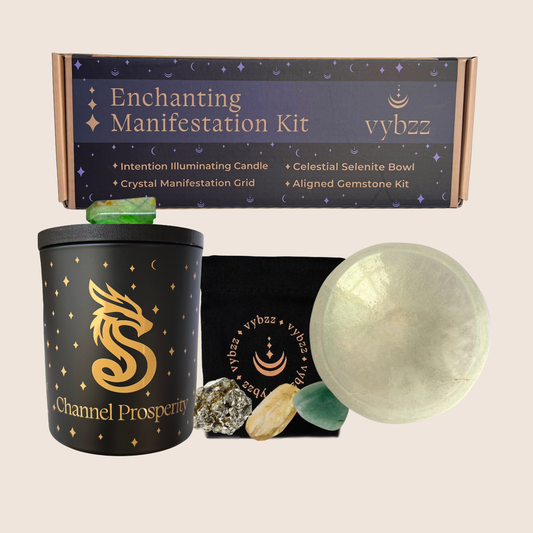 Channel Prosperity  Manifestation Kit, candle w gold icon, green quartz crystal, tinted selenite bowl with crystals and instruction cards.