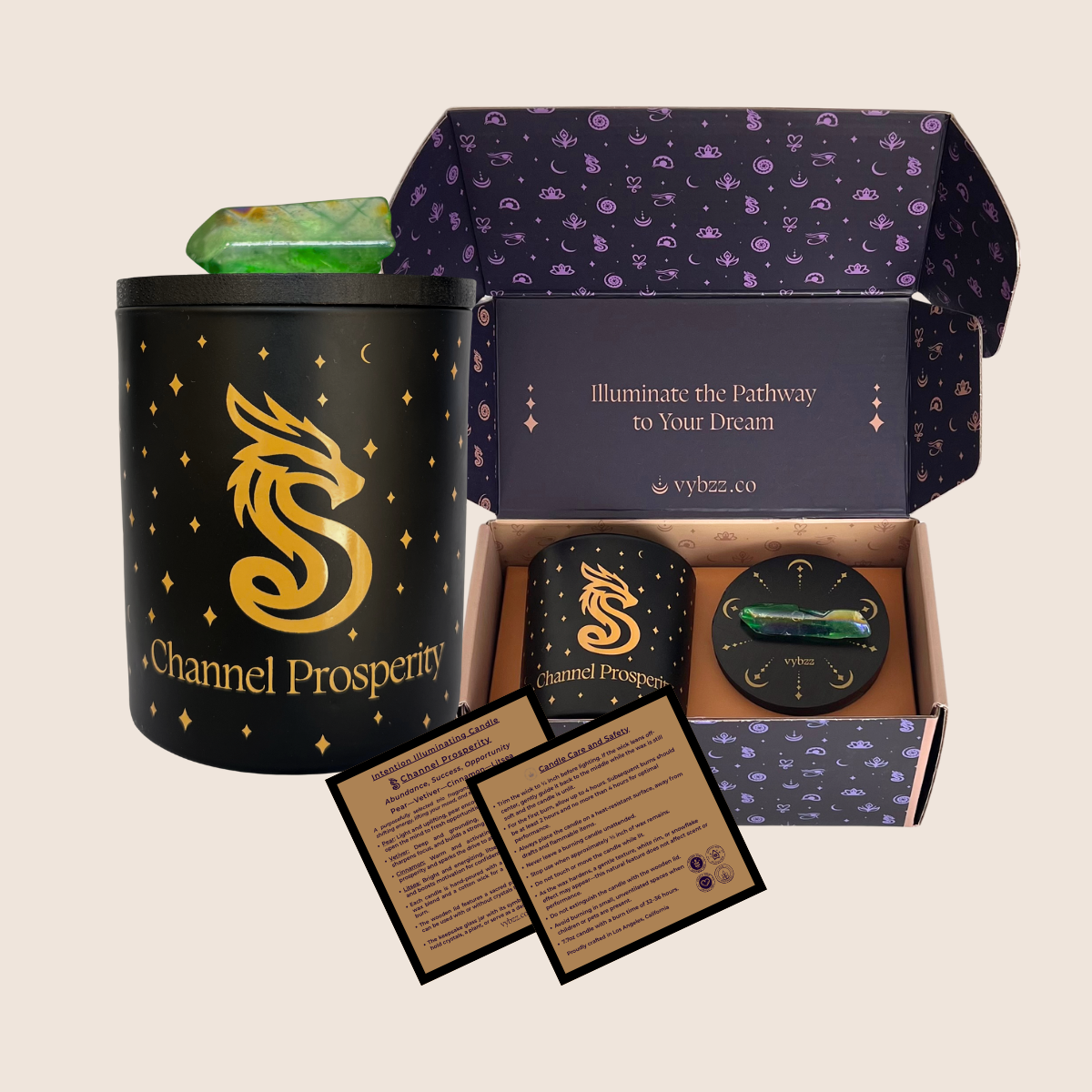 Intention Illuminating soy candle, scented for Channeling Prosperity, with green  aura crystal point, displayed in branded gift box with information cards.