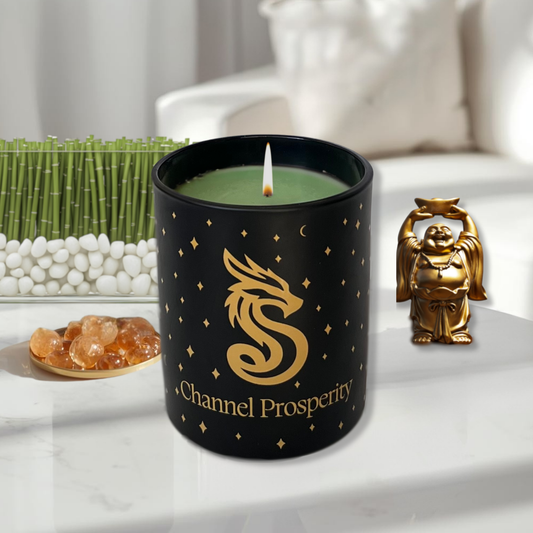 A lit Channel Prosperity Candle with citrine crystals, gold Buddha and bamboo stalks.