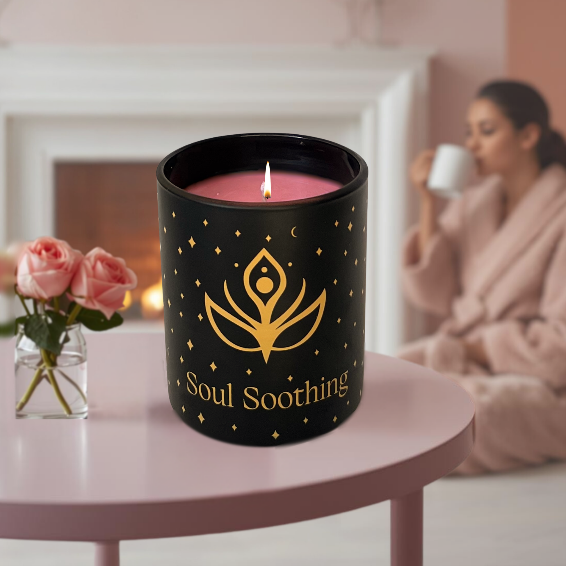 Soy candle for Soul Soothing with gold icon, small vase of roses and women relaxing by a fireplace.