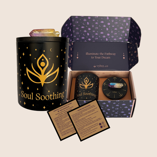 Intention Illuminating soy candle, scented for Soul Soothing, with purple aura crystal point, displayed in branded gift box with information cards.