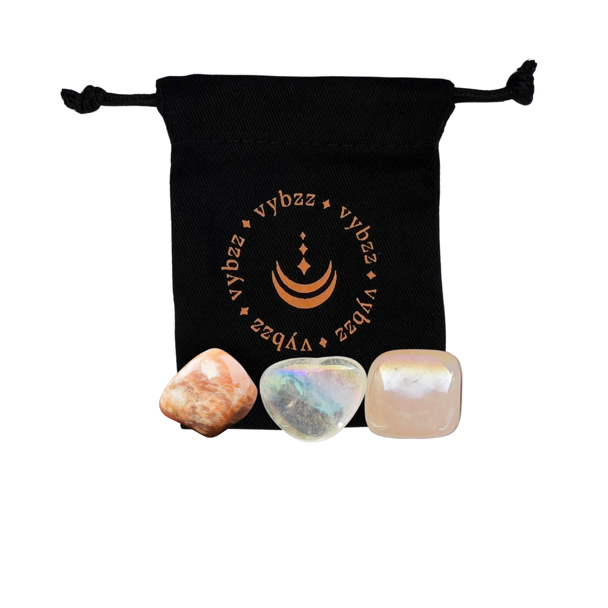 Black drawstring pouch with gold logo and three polished soothing gemstones in front