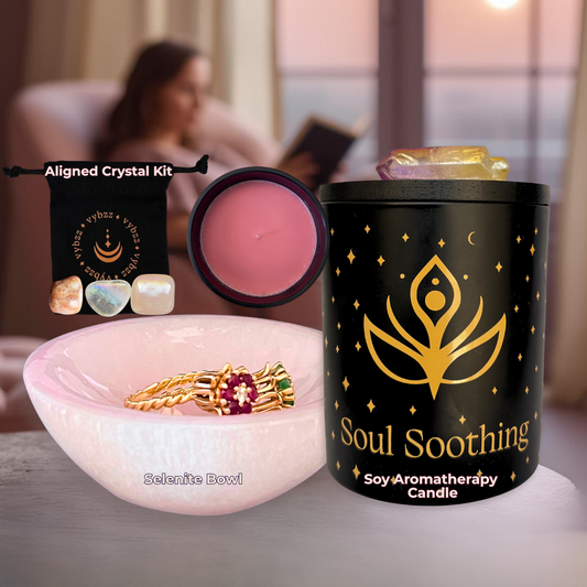 Soul Soothing Manifestation Kit: Aromatherapy Intention Candle topped with crystal grid, luminous Selenite Crystal Bowl, and Aligned Crystal Set .