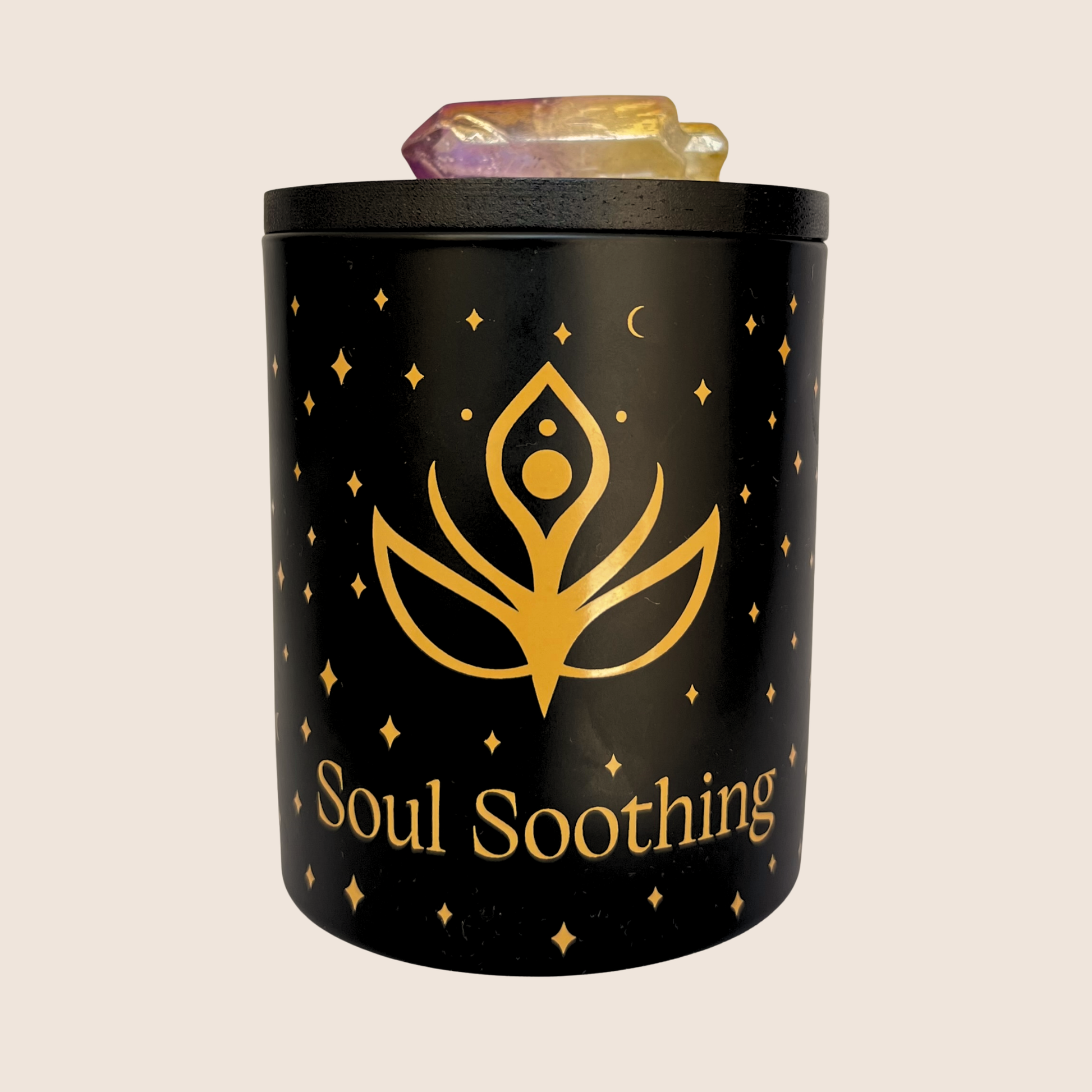 Matt black branded Soul Soothing Intention candle, featuring a lavender and yellow aura crystal on the candle lid.
