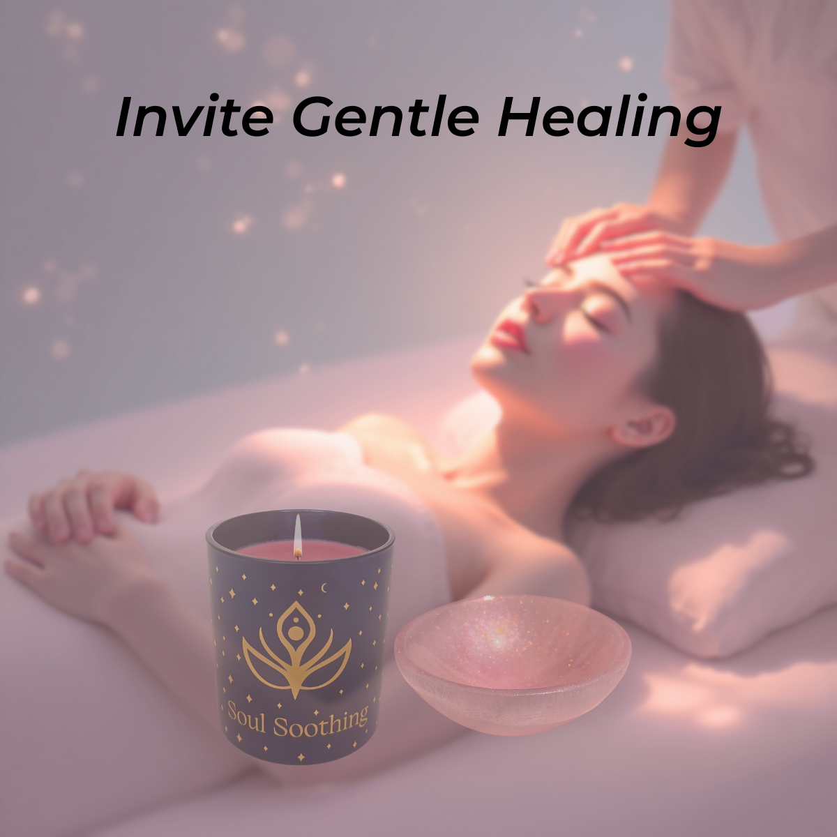 Woman receiving gentle healing touch therapy with aromatherapy candle and selenite crystal bowl