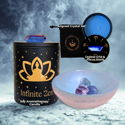 Infinite Zen Manifestation Kit: Aromatherapy Intention Candle topped with crystal grid, luminous Selenite Crystal Bowl, and Aligned Crystal Set .