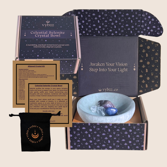 Blue  Zen Celestial Selenite Crystal Bowl with Banded Amethyst, Celestite and blue aura Quartz crystals. Displayed in branded box with product information cards.