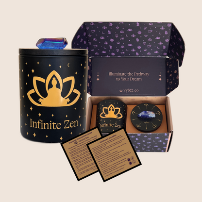 Infinite Zen candle kit with crystal, black and gold candle jar, and informational cards