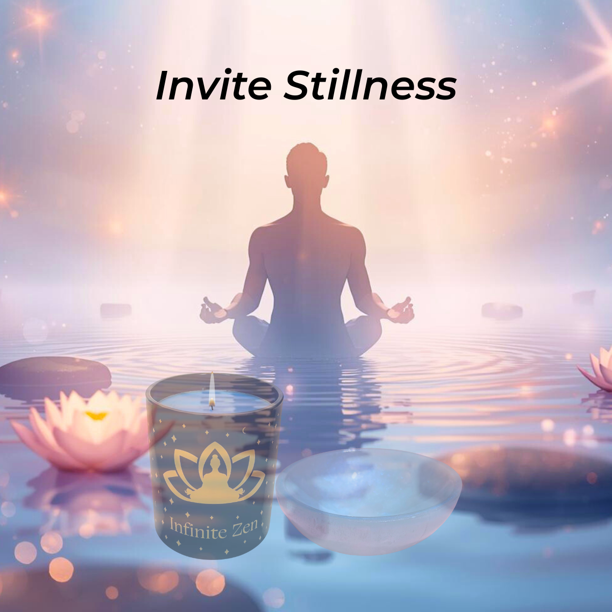 Person meditating by water with lotus flowers, aromatherapy candle, selenite crystal bowl