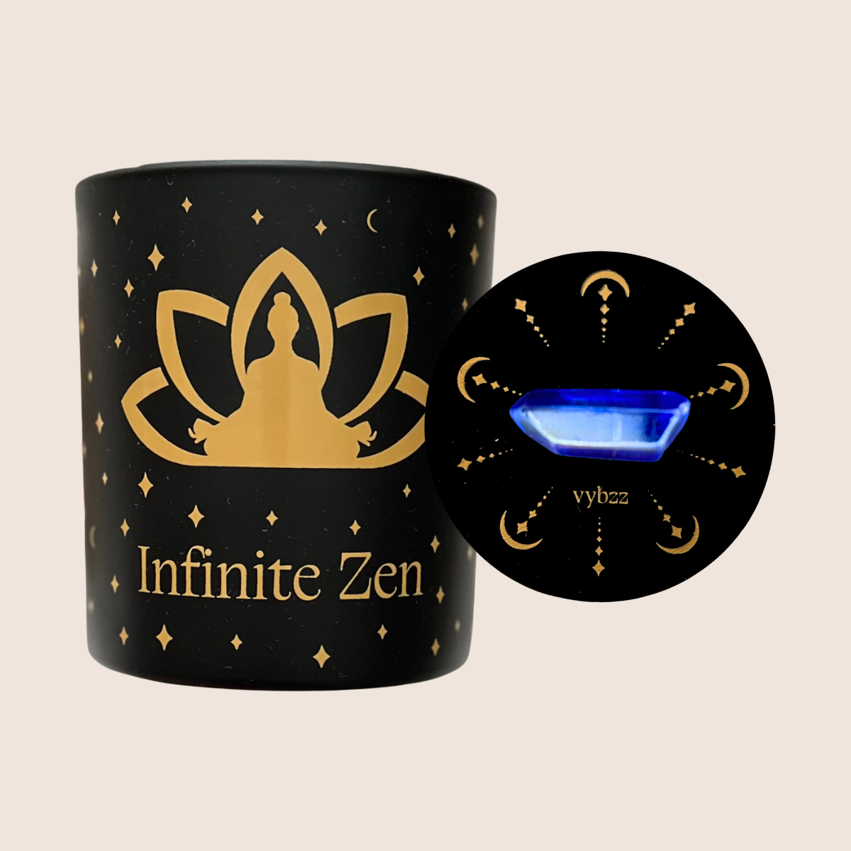 Infinite Zen candle in branded jar with image of lid with blue aura crystal.